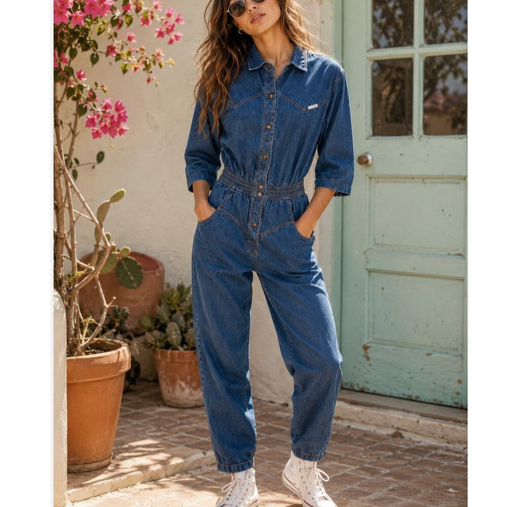 Vintage 80s Dreams Denim Jumpsuit Cotton Snap Front Utility Romper USA Size M